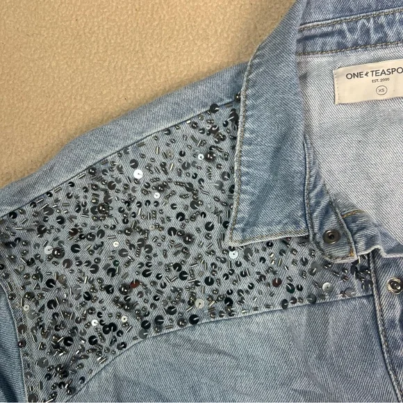 One Teaspoon Shirt womens XS blue denim jean snap front embellished Daria - Picture 7 of 11